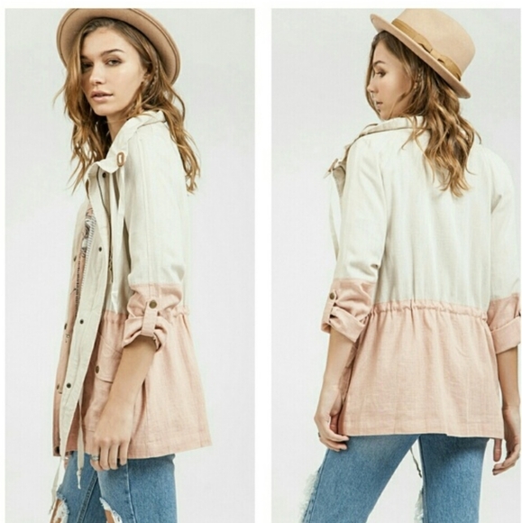 Blu Pepper Color Block Linen Light Pink Tan Utility Jacket Size Women Medium NEW - Picture 1 of 13